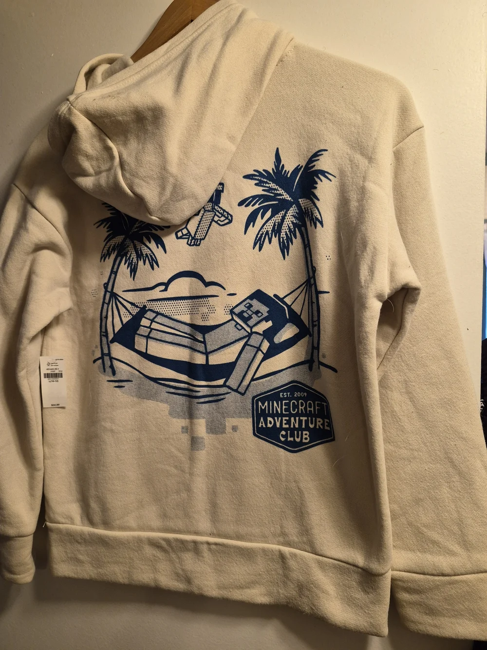 Old Navy Cream Hoodie Minecraft Adventure Club Back Graphic L 10-12 Boys Unisex